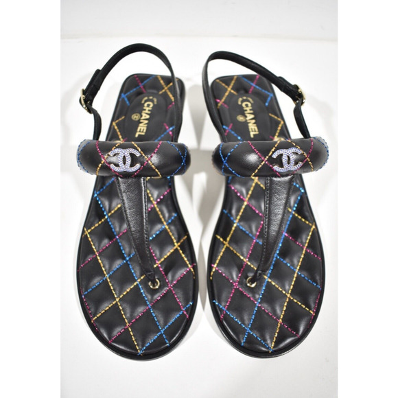 Chanel 21K Black Multicolor Leather CC Logo Mule Slide Flat Thong Sandal 37.5 - Picture 5 of 11